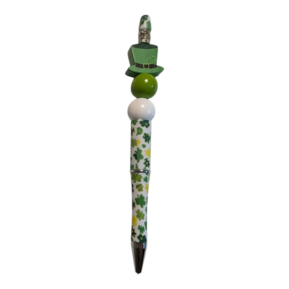 Hand crafted St. Patrick's Day Pen Green White Beads shamrock  sparkle H-011